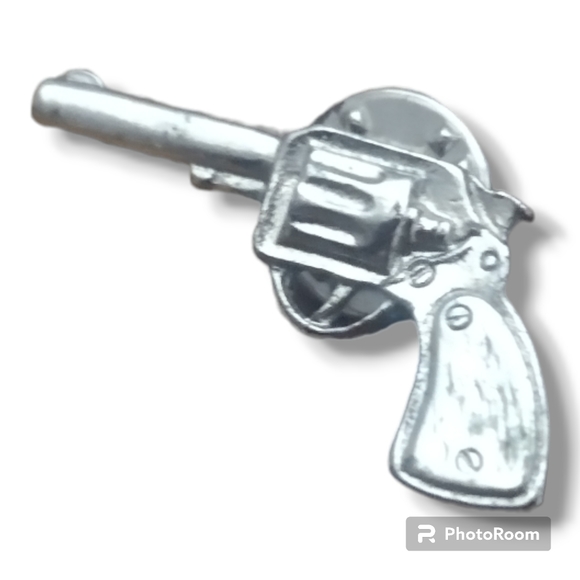 Vintage Silver Revolver Pistol Hat Lapel Pin Button - Picture 3 of 9
